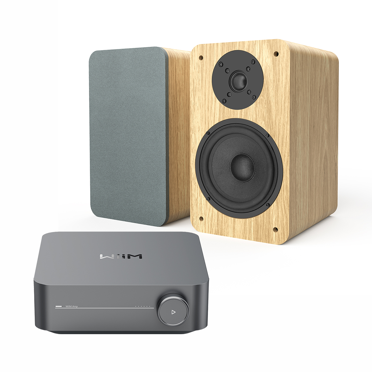 WiiM Streaming Amp w/ Purity Bookshelf Speakers - Pine