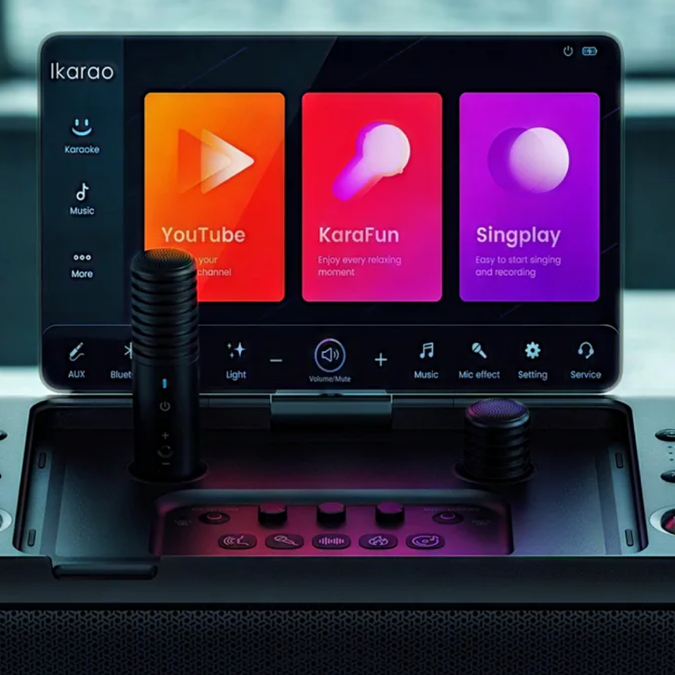 Ikarao Break X1 Android karaoke speaker with touchscreen and microphones