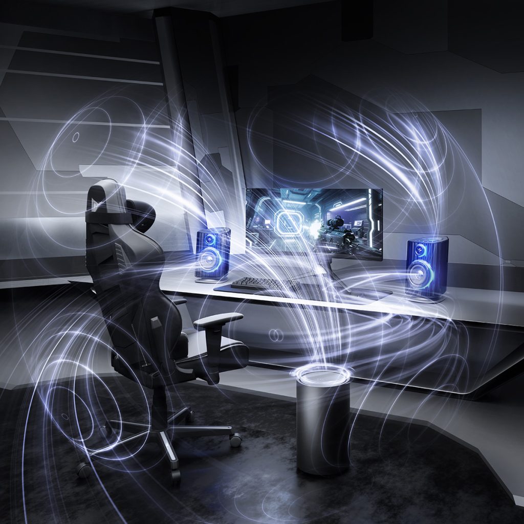 a graphic showing the sound movement with the entire OXS Duo bundle put together, highlighting the true surround sound experience